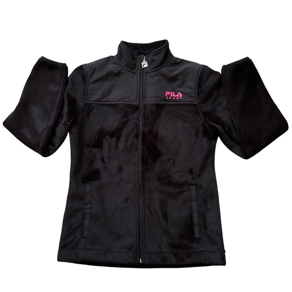 Fila Sport Fleece Jacket Girls Size XS/S 7/8 Black Faux Fur Full Zip Athletic
